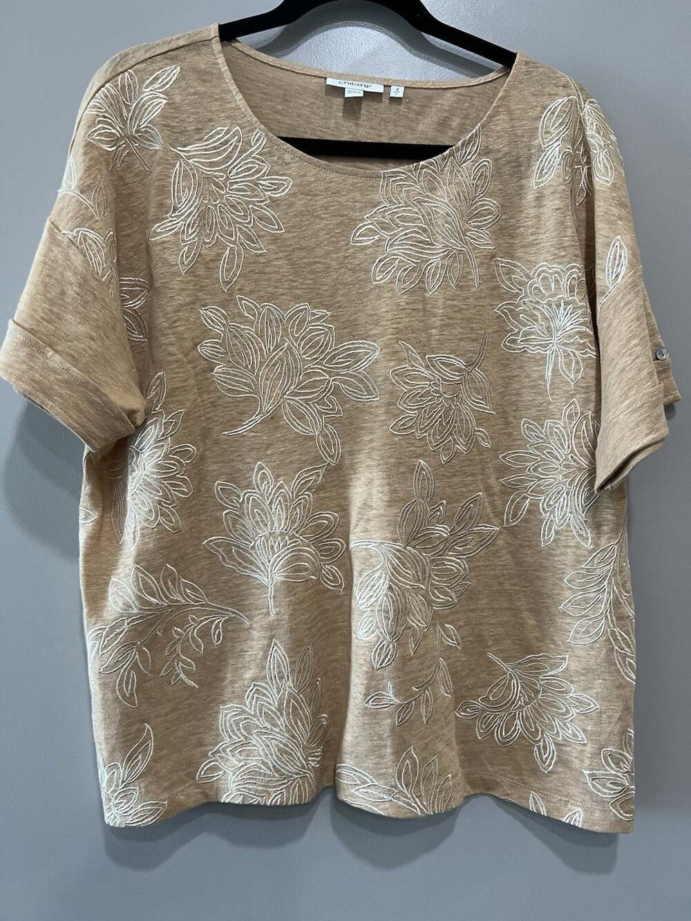 Boho Chic Embroidered Linen Neutral elevated casual Top Womens Size 2= Large